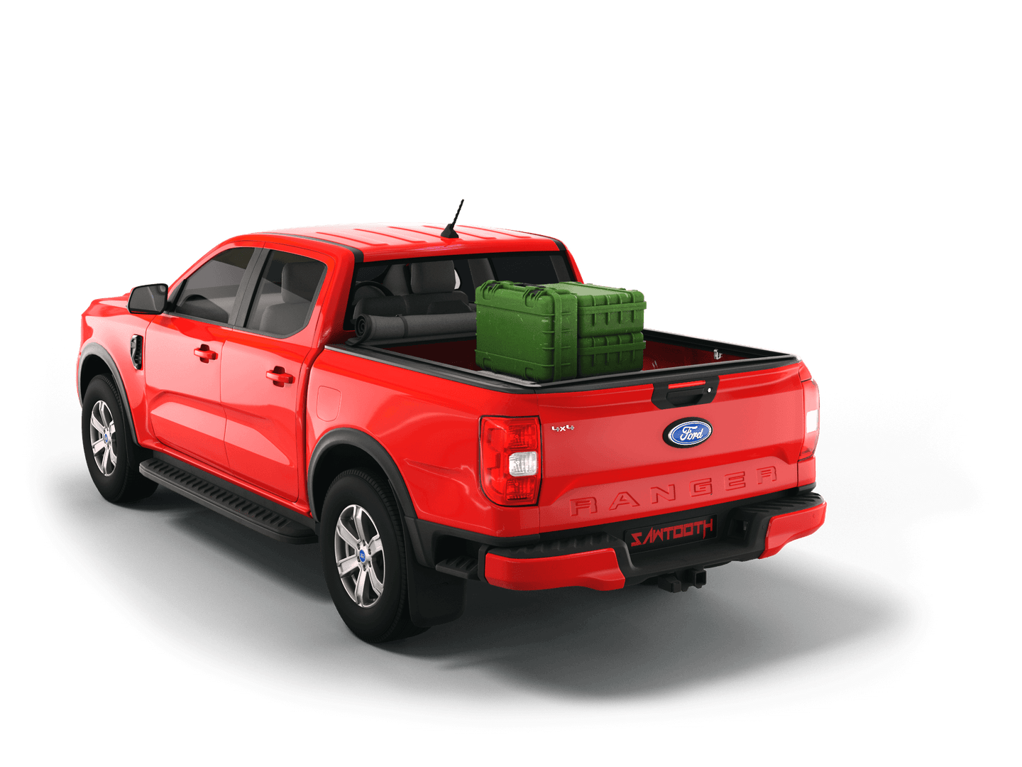 Red Ford Ranger with gear in the truck bed and the Sawtooth Stretch tonneau cover rolled up at cab 